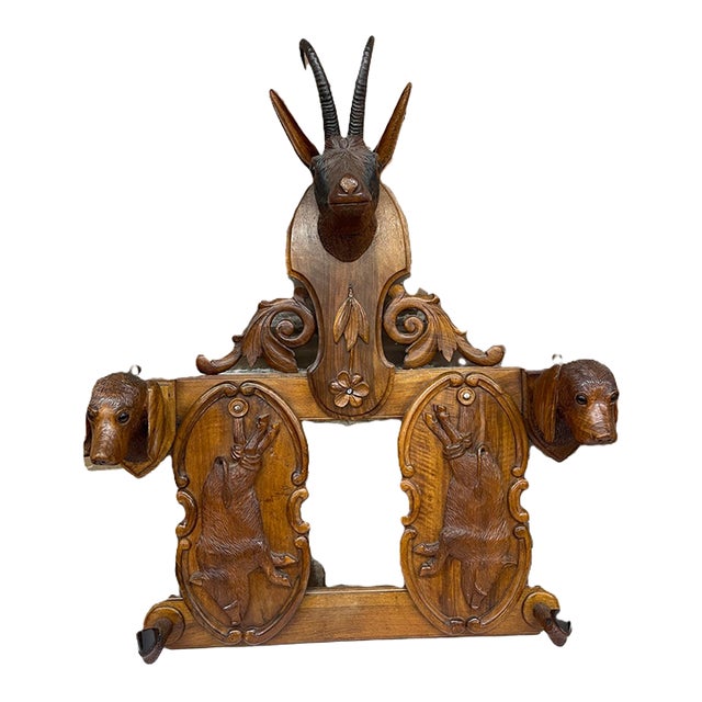 19th Century Swiss Black Forest Hand Carved Wall Mounted Coat and Hat Rack For Sale