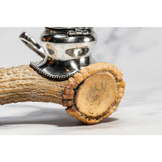 Late 19th Century Rustic Antique Victorian Antler Sterling Silver Desk Inkwell Paperweight Nature Sculpture For Sale - Image 5 of 12