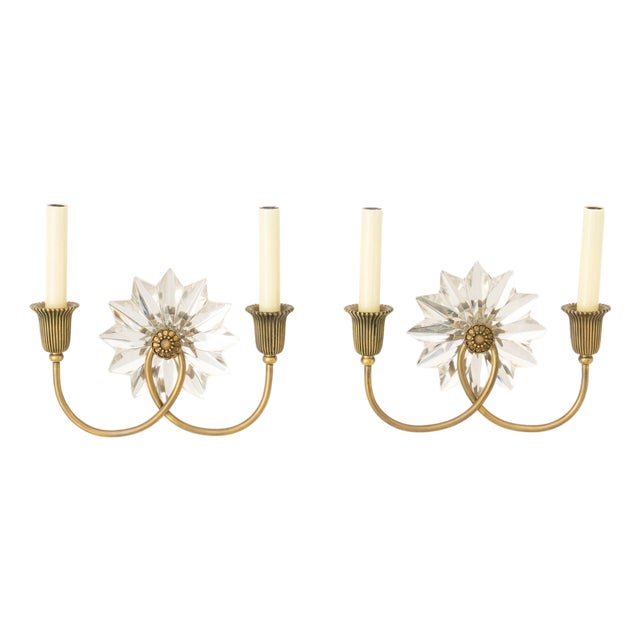 Hollywood Regency Style Crystal and Brass Sconces, Pair For Sale