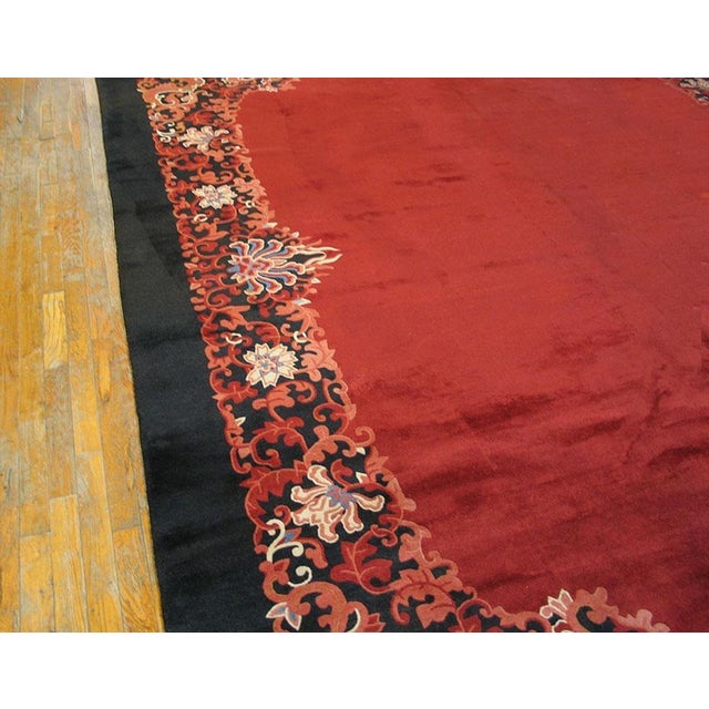 Fabuluos Red Open Field Color With Nice Floral Border Antique Chinese Art Deco Rug For Sale - Image 4 of 7