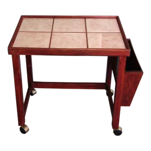 1950s Vintage Danish Modern Teak and Tile Top Rolling Side Table With Magazine Holder