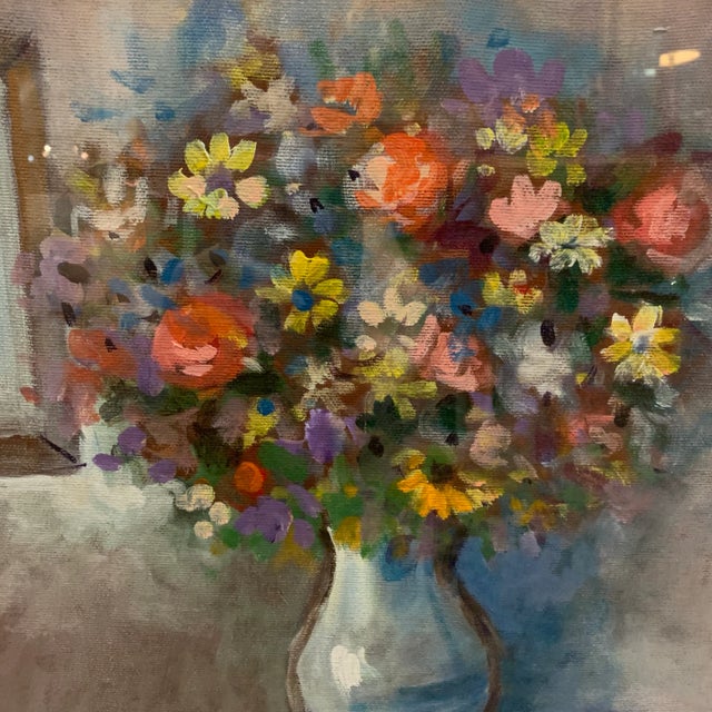 A oil on canvas painting by Italian artist Giuseppe Bertolini a still life portrays a bedroom setting of a floral boquet...