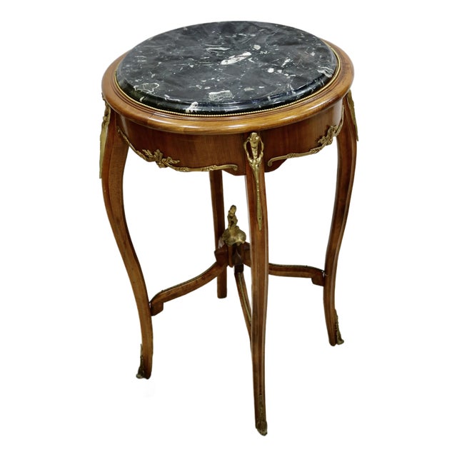 Antique Italian Rococo Round Black Marble Top Table With Ormolu Trims For Sale