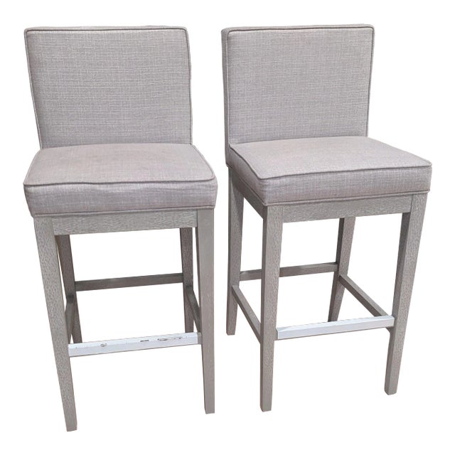 Transitional Light Gray Tailored Fabric Bar Stools - Set of 2 For Sale