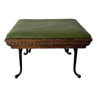 19th Century Antique Cobblers Stool-Carved-Egg and -Dart Trim, Green Leather and Iron Legs. For Sale