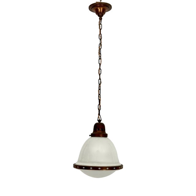 Vintage Industrial Chandelier in Copper and Milk Glass, 1950s For Sale