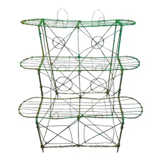 Antique Victorian Wire Plant Stand – Three Tier Garden Shelf With Original Green Paint For Sale