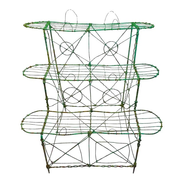Antique Victorian Wire Plant Stand – Three Tier Garden Shelf With Original Green Paint For Sale