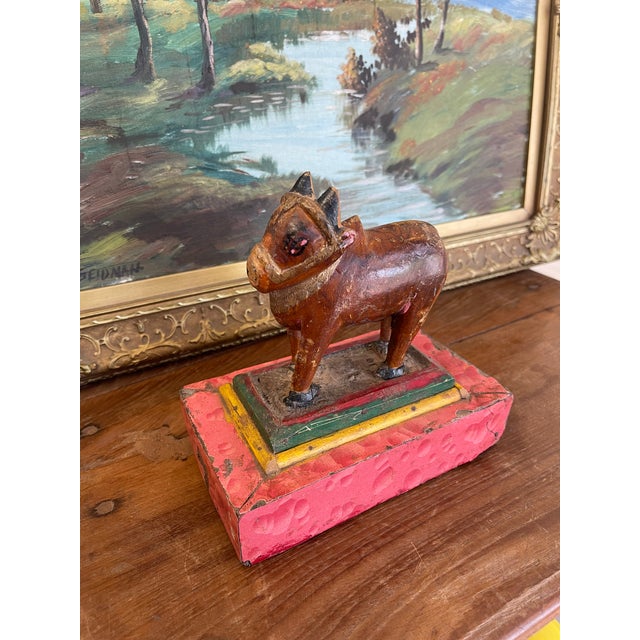 Likely Antique Hand-Carved Wooden Cow Figurine on Painted Base - Folk Art Sculpture For Sale - Image 4 of 9