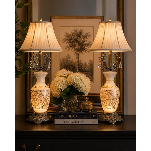 Pair of French vintage Rococo/ Hollywood Regency style glass lamps. Newly rewired. These are in the urn style, featuring...