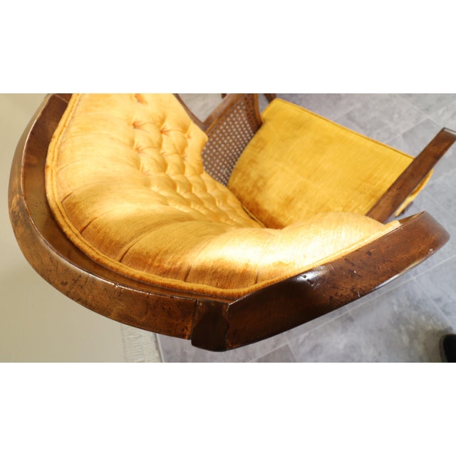 Wood Pair of Monumental 1970s Cane and Gold Velvet Horseshoe Wingback Chairs For Sale - Image 7 of 17