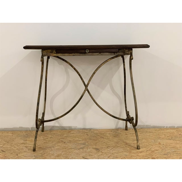 French Country 19th French Bistro Table With Iron Lyre Legs & Wood Top With Drawer For Sale - Image 3 of 11