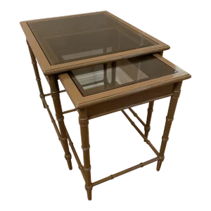 1970s Vintage Brown Painted Faux Bamboo Nesting Tables With Smokey Glass Tops - Set of 2