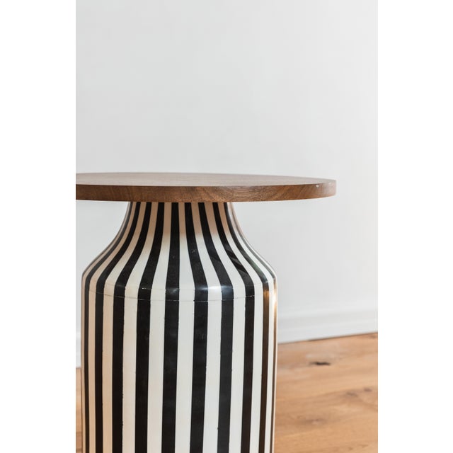 Black and White Striped Ceramic Side Table With Wooden Base Chairish