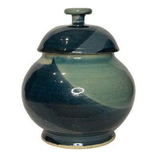 Abstract Modern Blue Ceramic Lidded Ginger Jar For Sale