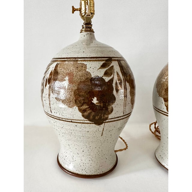 1970s Hand Thrown Stoneware Lamps With Floral Motif - a Pairf For Sale - Image 14 of 15