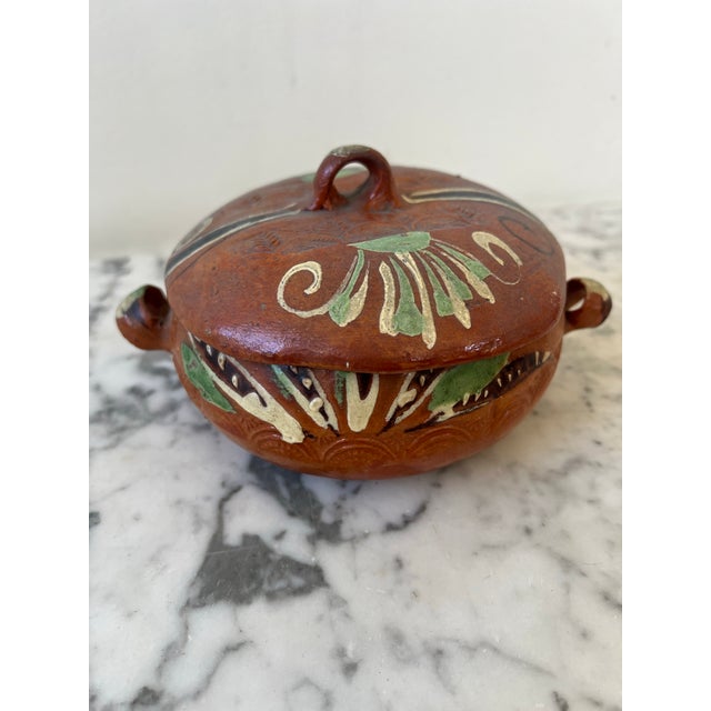 Burnt Orange Hand Painted Mexican Terracotta Bowl With Lid Stamped Made in Mexico For Sale - Image 8 of 12