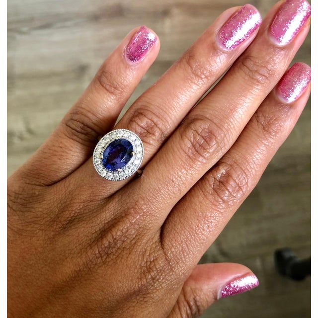 Metal 4.27 Carat Oval Cut Tanzanite Diamond White Gold Ring Size 7.5 For Sale - Image 7 of 7