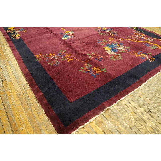 1920s Red Wine Classic Floral Vase Antique Chinese Art Deco Carpet 9'2" X 11'10" Knotted Pile Wool Rug For Sale - Image 4 of 13