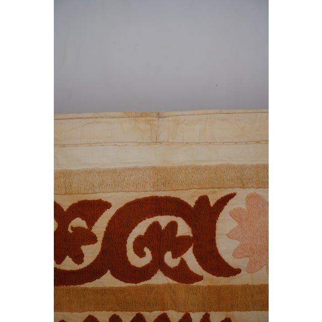 Uzbek Suzani: Rust & Pink Embroidered Cotton Textile 4'3'' X 4'4'' For Sale - Image 9 of 12