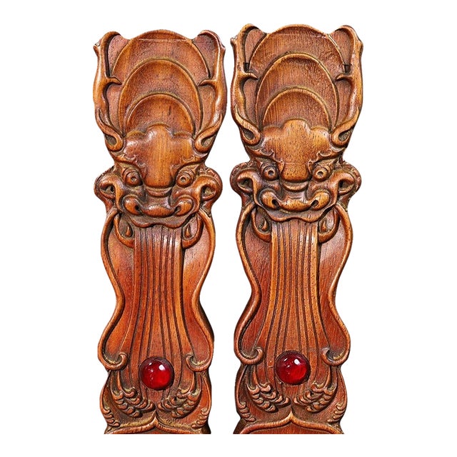 Pair of Vintage Chinese Huali Rosewood Paperweights | Carved Ruyi Beast Gemstone Inlay For Sale