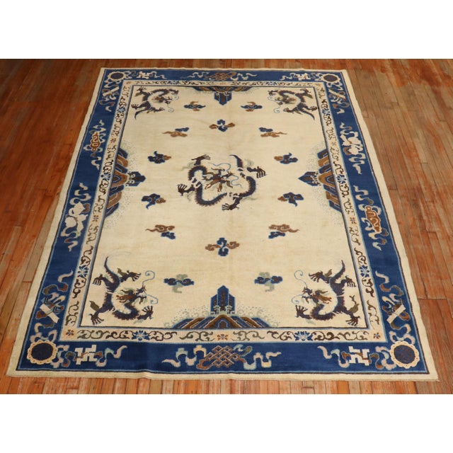 Traditional Zabihi Collection Ivory Antique Chinese Dragon Rug - 7'3" x 9'7" For Sale - Image 3 of 12