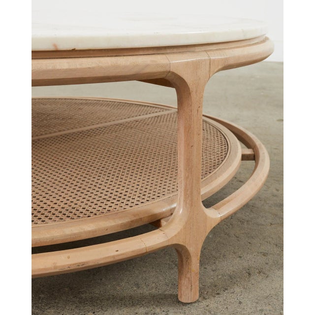 Wood Midcentury McGuire Style Round Marble Top Caned Cocktail Table For Sale - Image 7 of 12