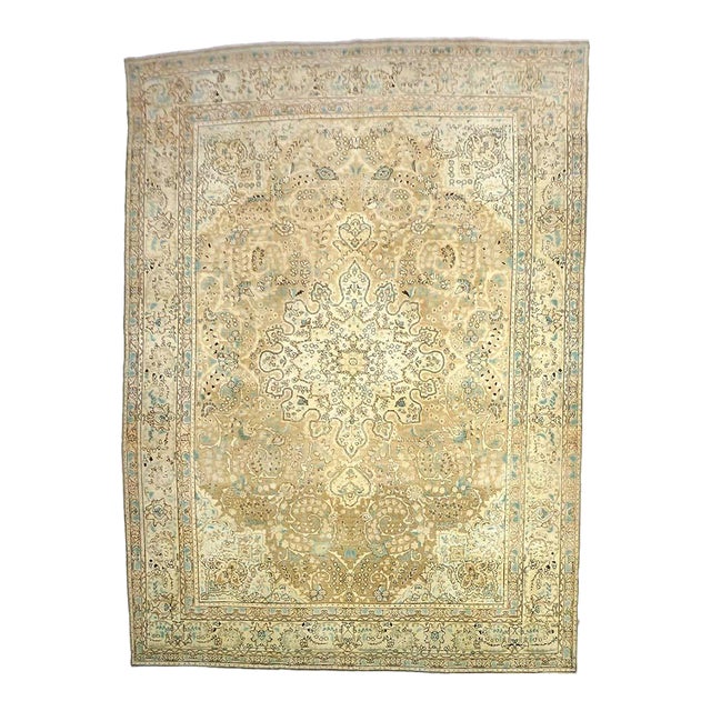 Antique Persian Tabriz Wool 8x11 Tan, Ivory, Black & Blue Handmade Area Rug #1142595 For Sale