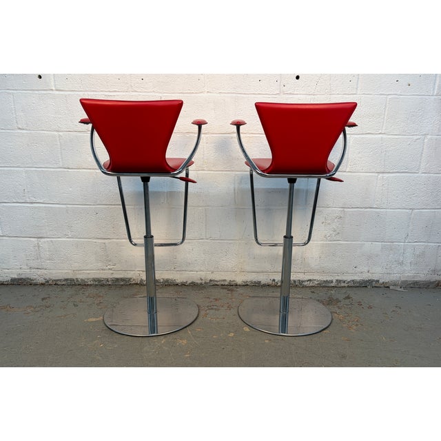 Red Pair of Contemporary Italian Chrome and Red Leather Barstools by Serico For Sale - Image 8 of 12