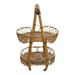 Vintage Italian Bamboo & Rattan Rolling Bar Cart Trolley