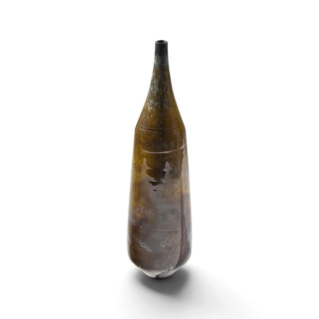 Glass Gertrud and Otto Natzler Mid Century Dark Cat's Eye Reduction Fired Glaze Cylindrical Tall Bottle For Sale - Image 7 of 8