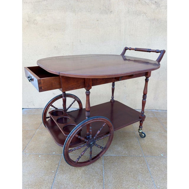 Vintage Wood Tea & Bar Cart with Drop-Leaf Sides and Bottle Holder, 1940s For Sale - Image 4 of 10