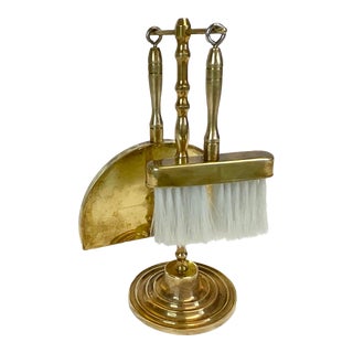 Mid-Century Hollywood Regency Boho Chic Brass Crumb Tray, Brush & Stand - 3 Pcs Set. For Sale