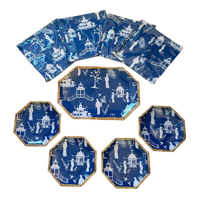Kim Seybert Cobalt and White Chinoiserie Melamine Luncheon Set - 9 Pieces For Sale