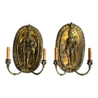 Antique Brass Wall Sconces With Embossed Knights and Fleur De Lis - a Pair For Sale