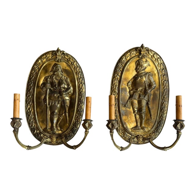 Antique Brass Wall Sconces With Embossed Knights and Fleur De Lis - a Pair For Sale