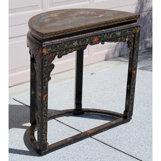 Brown Antique 19th Century Chinese Brown Lacquer Demi-Lune Console Table | Hand-Painted Gilt Decor For Sale - Image 8 of 17