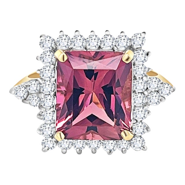 Vivid Pink 7 Carat Radiant Cut Tourmaline Ring with Round Diamond Halo in 18K Go, Size 8 For Sale