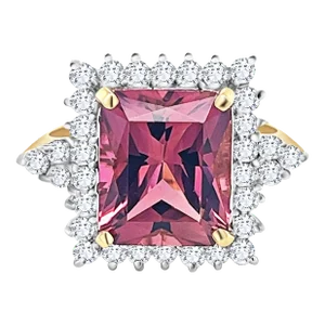 Vivid Pink 7 Carat Radiant Cut Tourmaline Ring with Round Diamond Halo in 18K Go, Size 8