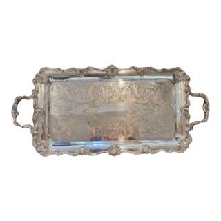 1960s B Rogers Silver Co. Ornate Silver Plate Over Brass Handled Tray For Sale