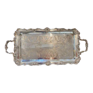 1960s B Rogers Silver Co. Ornate Silver Plate Over Brass Handled Tray