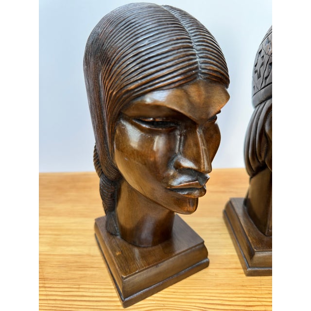 Signed Silva Art Deco Carved Wood Busts — Pair For Sale - Image 4 of 11