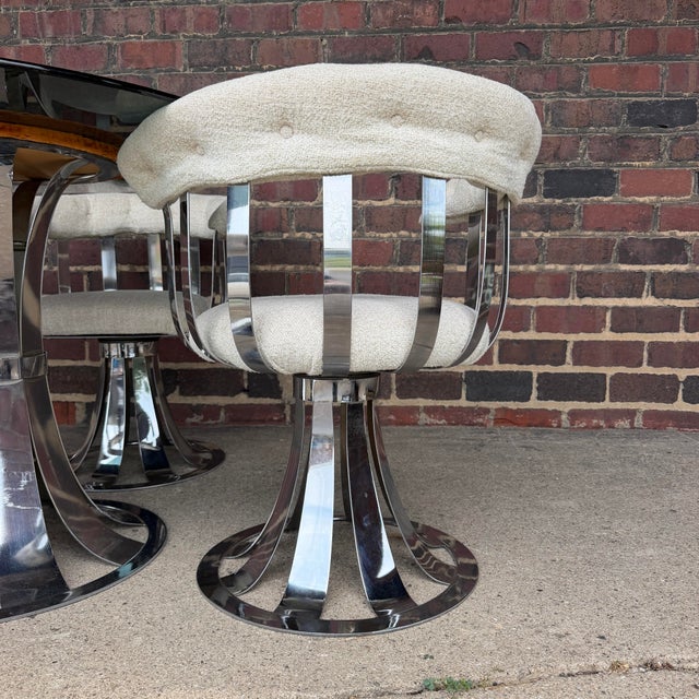 Metal Vintage Russell Woodard Style Chrome Swivel Dining Set With Smoked Glass Top For Sale - Image 7 of 12