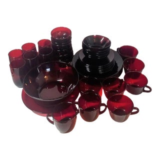 Vintage Ruby Glass Dinnerware- Set of 40 For Sale