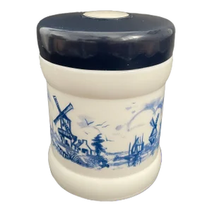 Mid Century Dutch Milk Glass Cigar Jar With Windmills and Sailing Ships