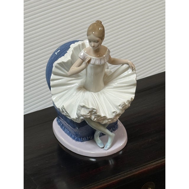 1980s Lladró Sitting Ballerina in Plush Blue Chair From the Tribute to the Ballerina Collection Porcelain Figurine, Signed For Sale - Image 5 of 12