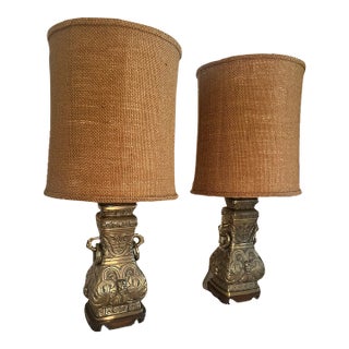 Vintage Brass Urn Table Lamps With Elaborate Asian-Inspired Relief - Pair For Sale