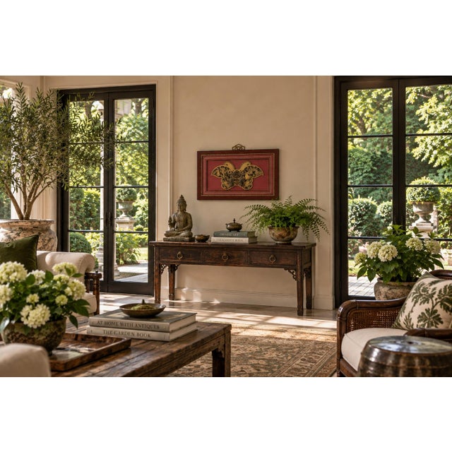 This large decorative framed artwork features an elaborately shaped butterfly-form panel engraved with the Chinese Eight...
