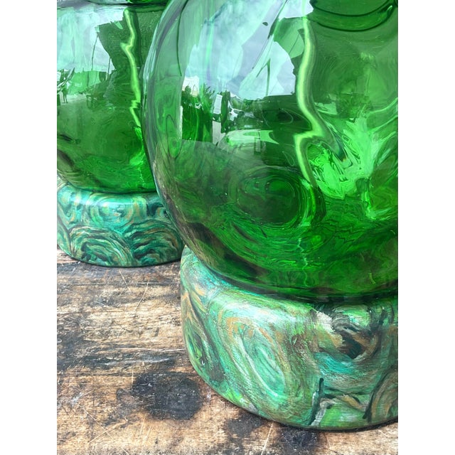 Wood Vintage Hand Painted Malachite Plinth Glass Lamps - A Pair For Sale - Image 7 of 12
