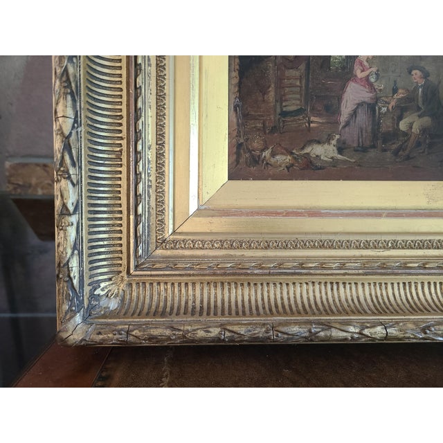 Antique 19th Century Oil Painting Rustic Cottage Interior Husband Wife & Dog For Sale - Image 11 of 12